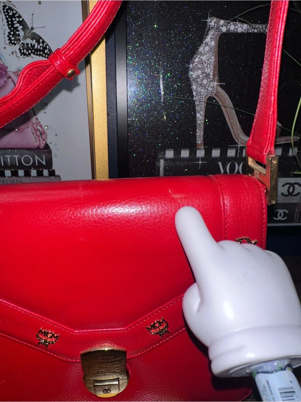 MCM Patricia Red Pebbled Leather Crossbody Bag Gold Studs  Vintage